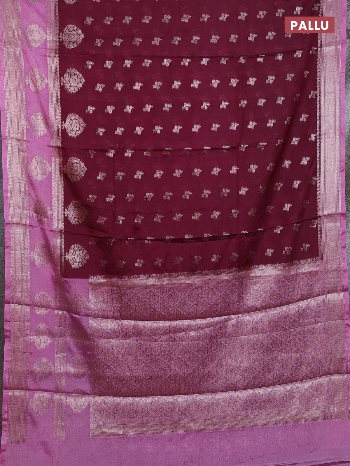 Banarasi warm silk saree deep wine shade and mauve pink with allover thread & zari woen buttas and zari woven border - Image 3