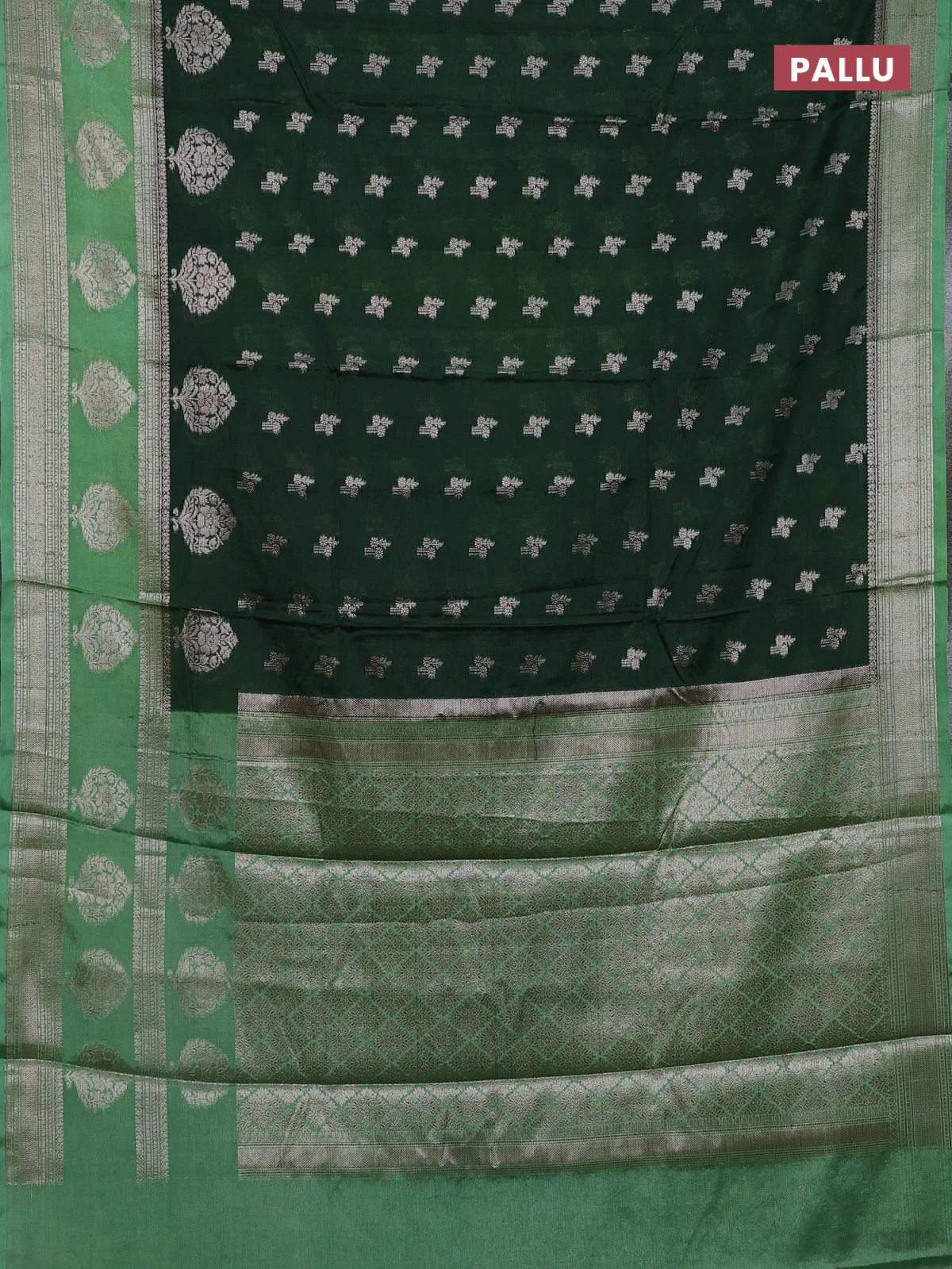 Banarasi warm silk saree green and pastel green with allover thread & zari woen buttas and zari woven border - Image 3