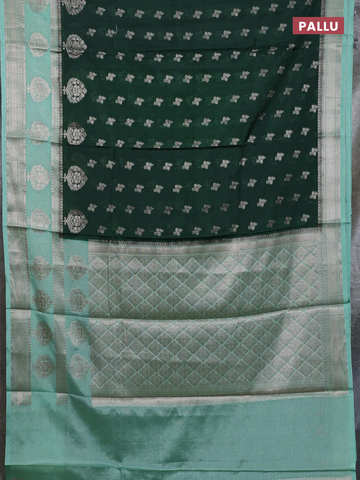 Banarasi warm silk saree green and pastel green with allover thread & zari woen buttas and zari woven border - Image 3