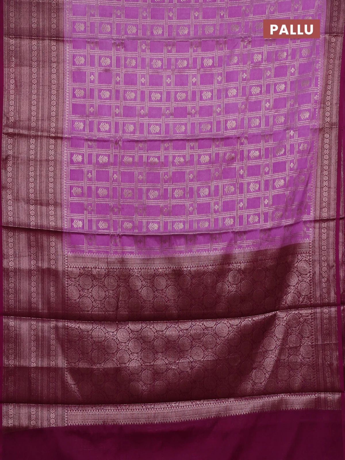 Banarasi warm silk saree lavender and purple with allover thread & zari checked pattern and long zari woven border - Image 3
