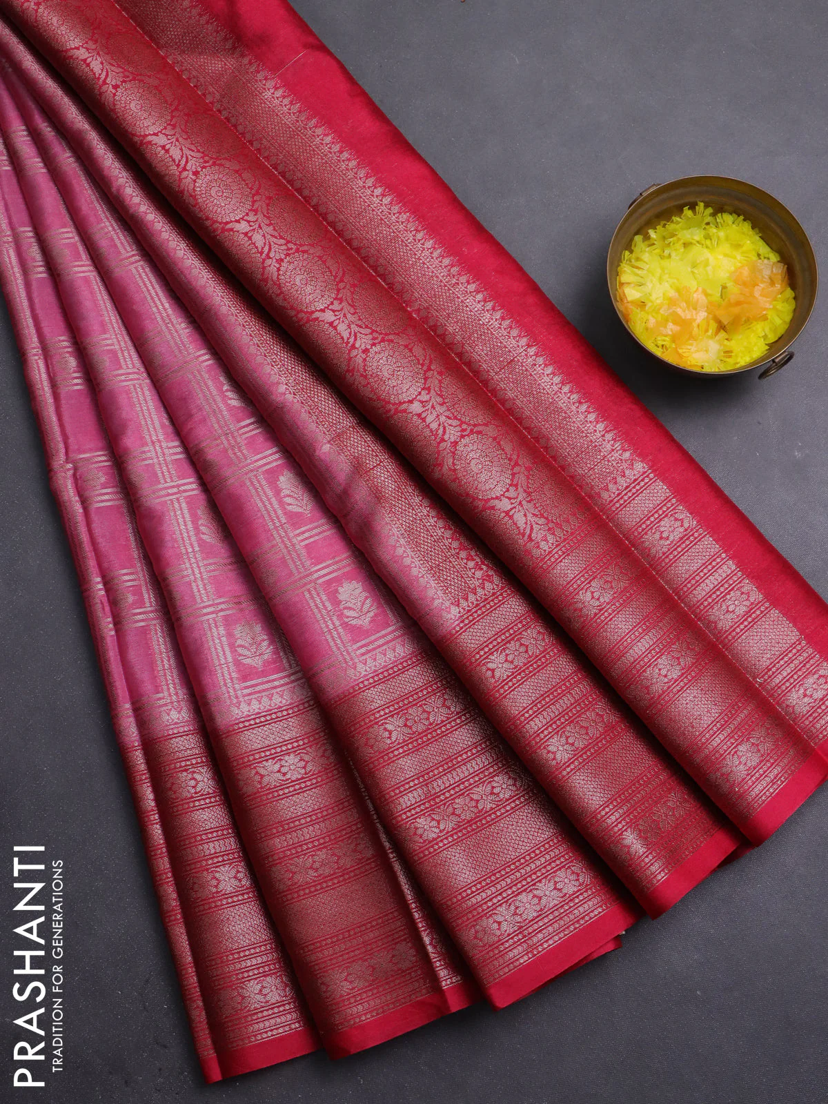 Banarasi warm silk saree light pink and pink with allover thread & zari checked pattern and long zari woven border