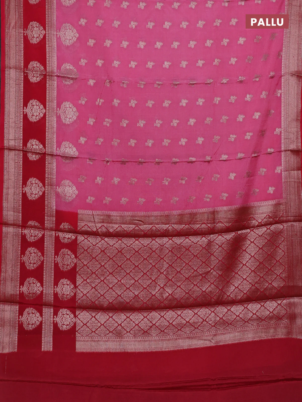 Banarasi warm silk saree light pink and red with allover thread & zari woen buttas and zari woven border - Image 3