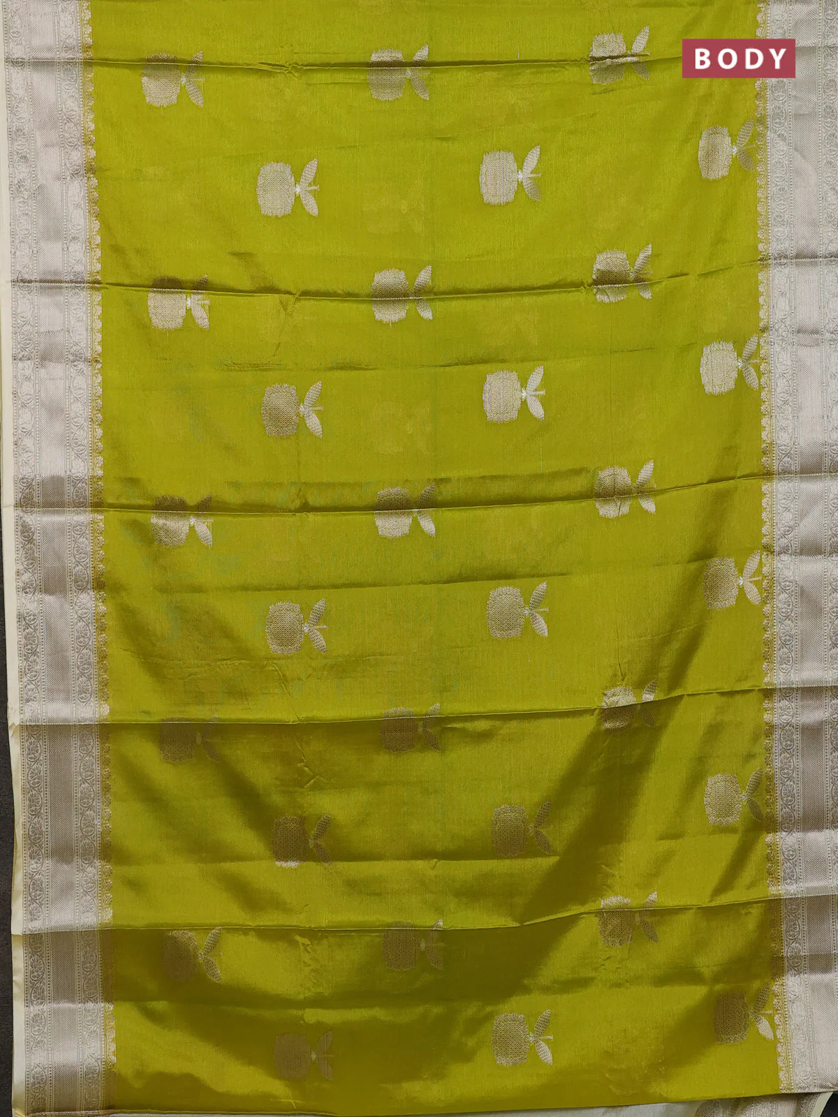 Banarasi warm silk saree lime green and cream with thread & zari woven buttas and zari woven border - Image 2