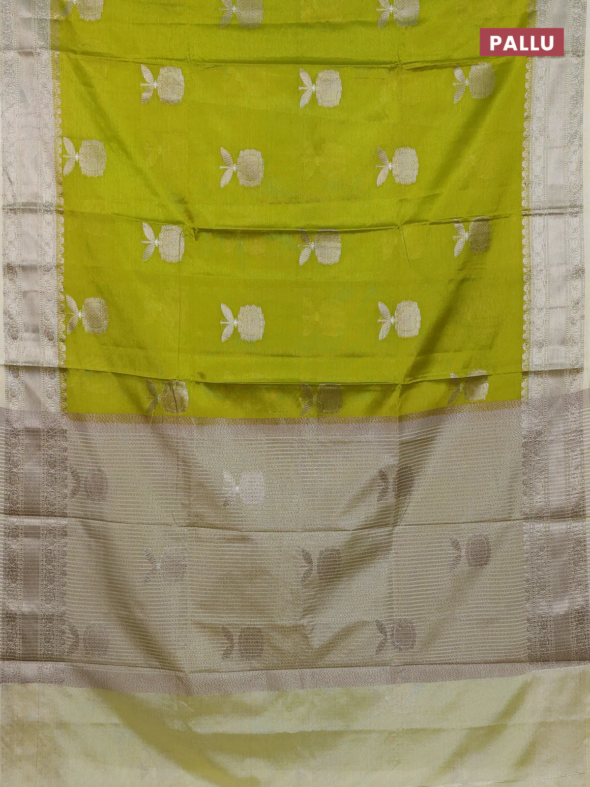 Banarasi warm silk saree lime green and cream with thread & zari woven buttas and zari woven border - Image 3