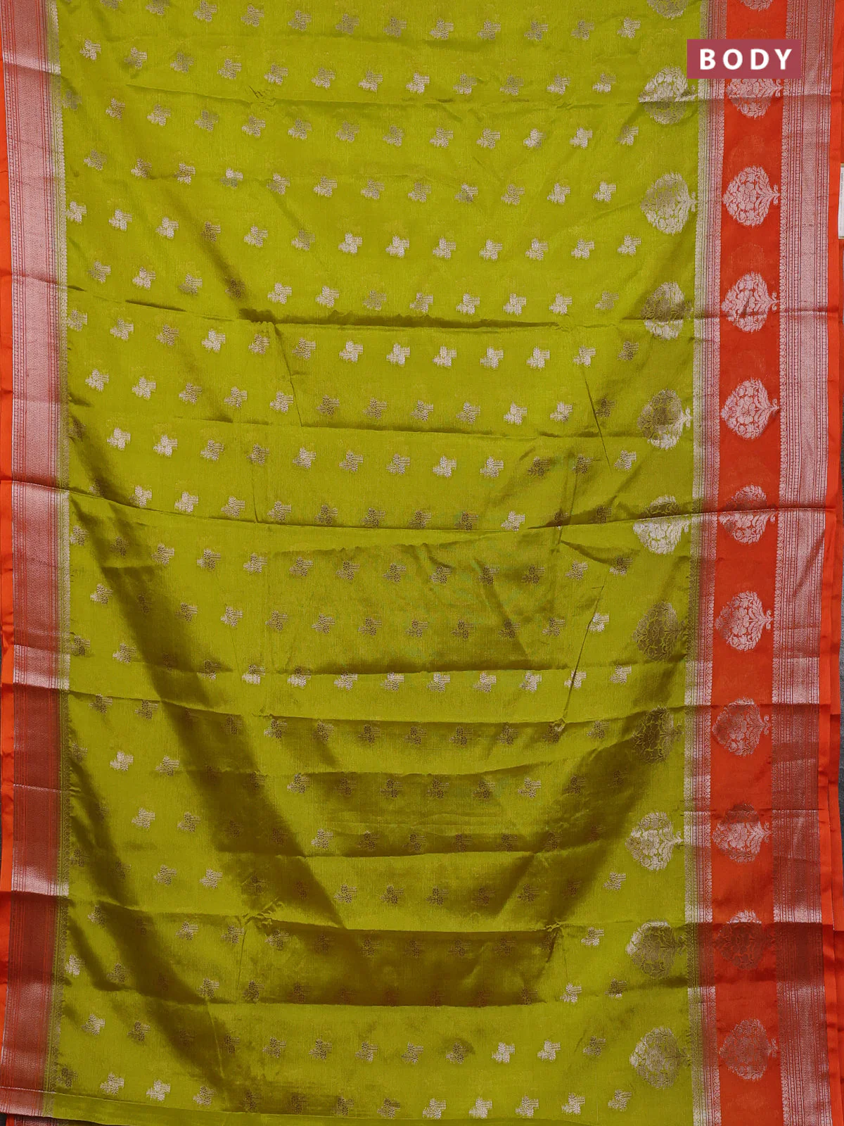 Banarasi warm silk saree lime green and orange with allover thread & zari woen buttas and zari woven border - Image 2