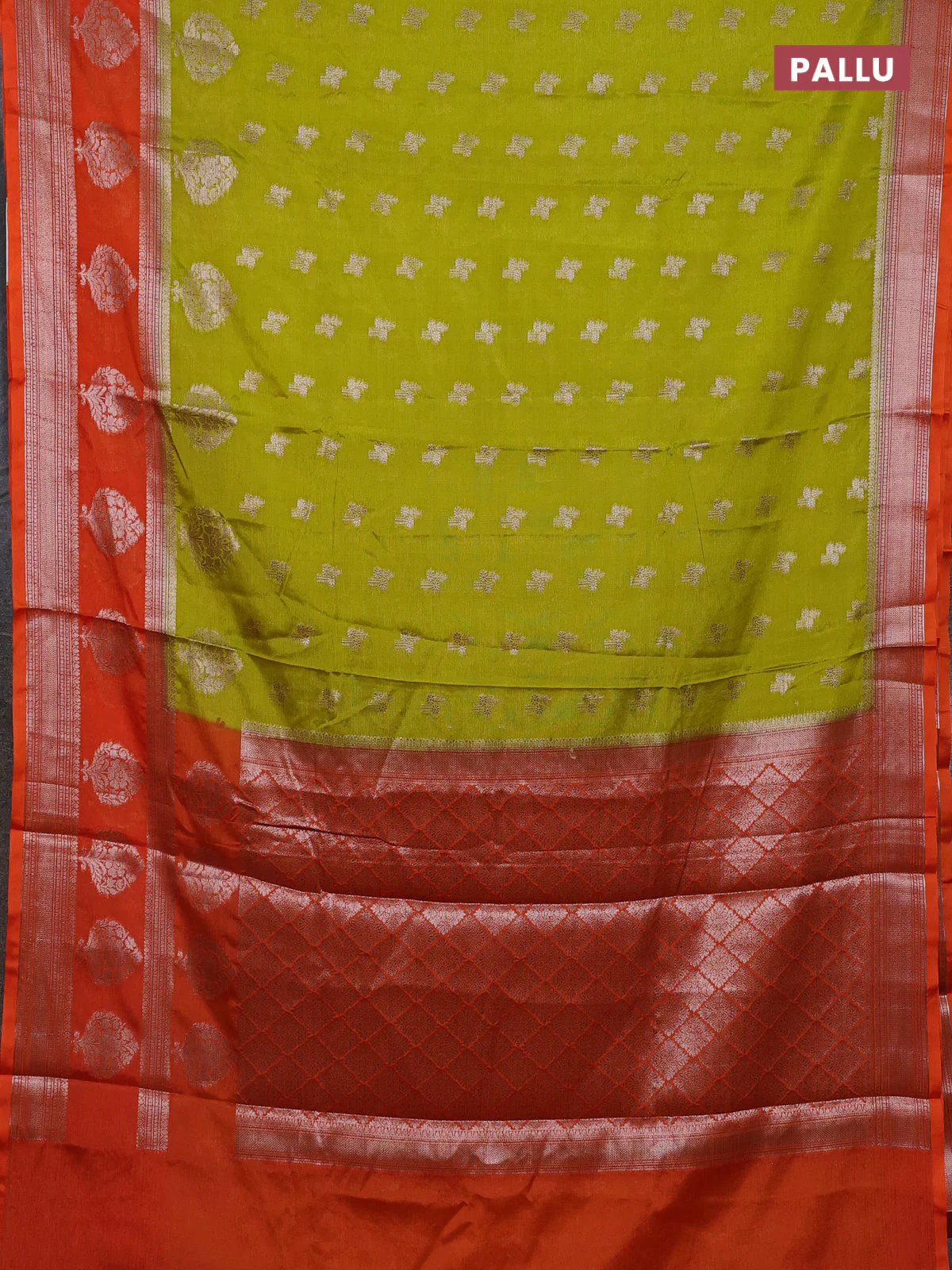 Banarasi warm silk saree lime green and orange with allover thread & zari woen buttas and zari woven border - Image 3