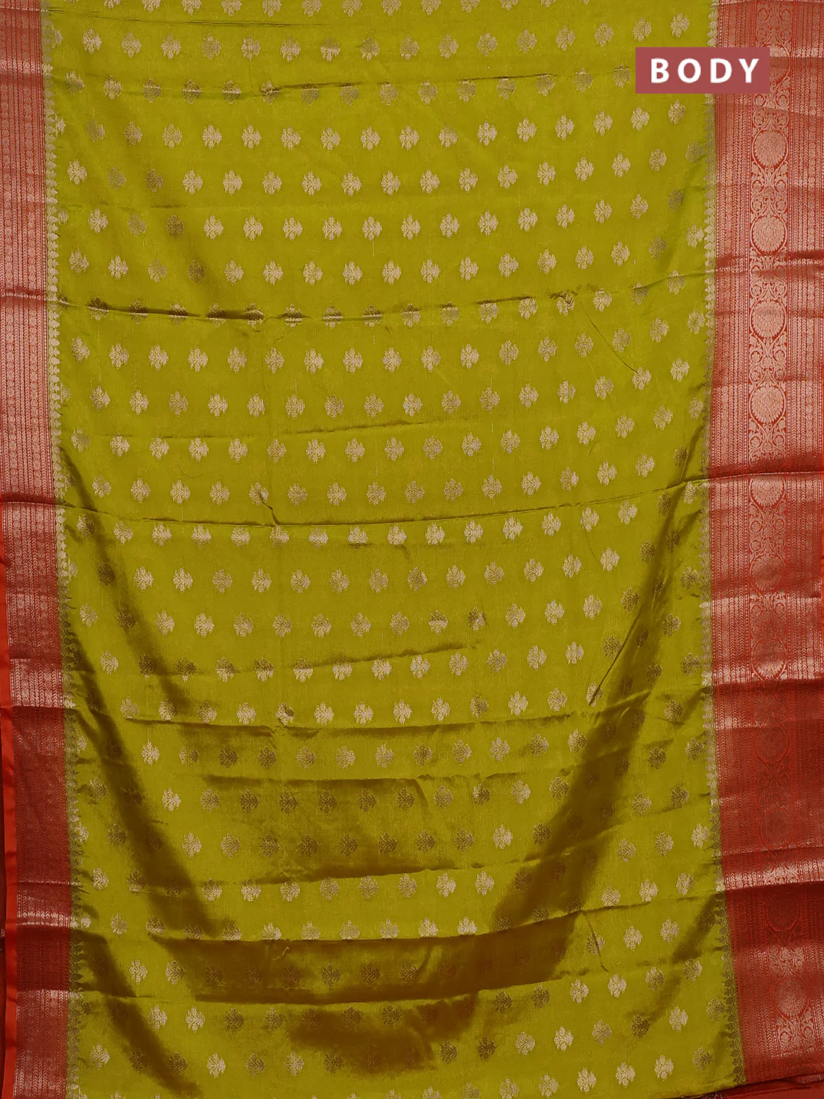 Banarasi warm silk saree lime yellow and orange with allover thread & zari woven buttas and zari woven border - Image 2