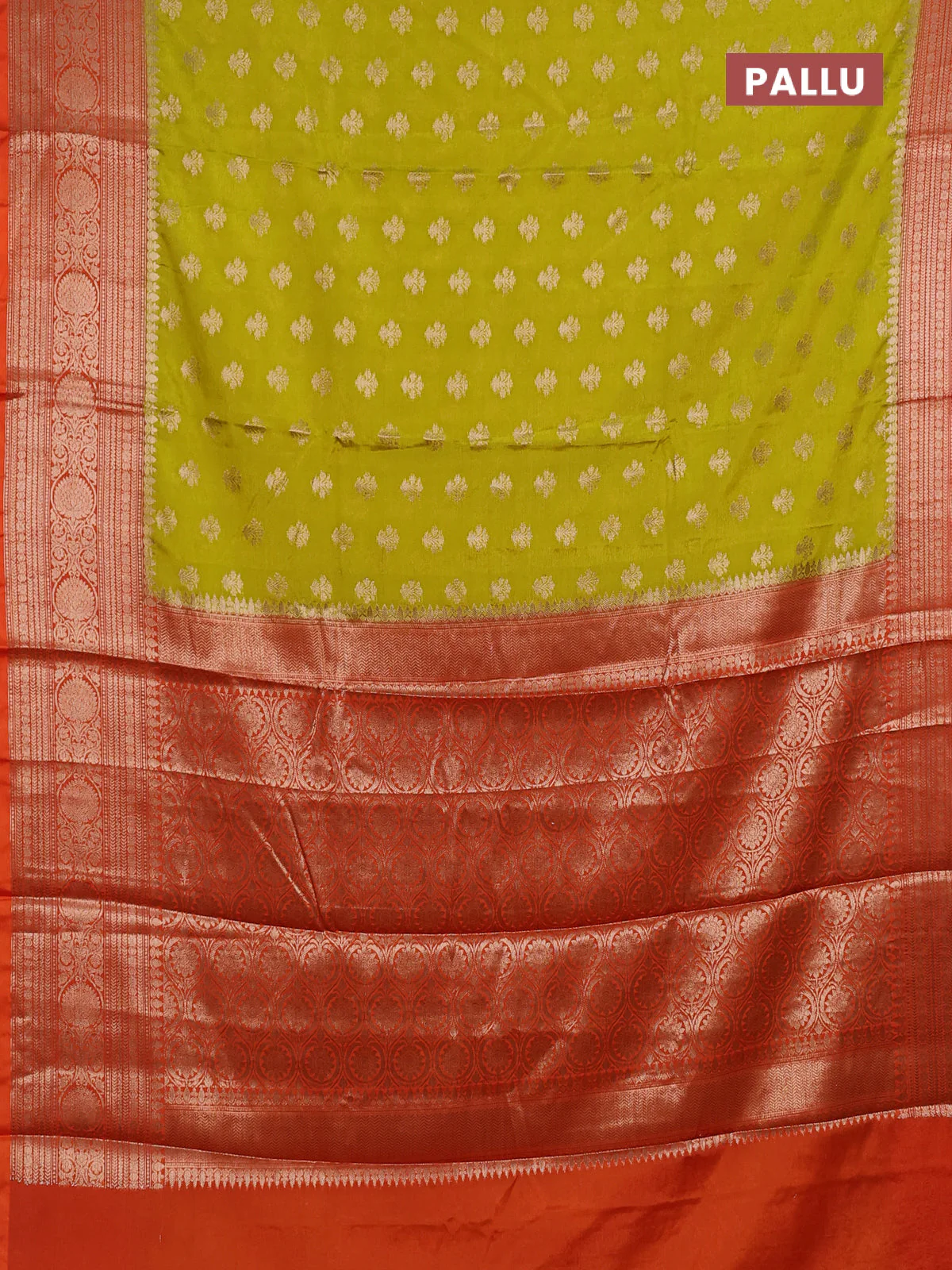 Banarasi warm silk saree lime yellow and orange with allover thread & zari woven buttas and zari woven border - Image 3