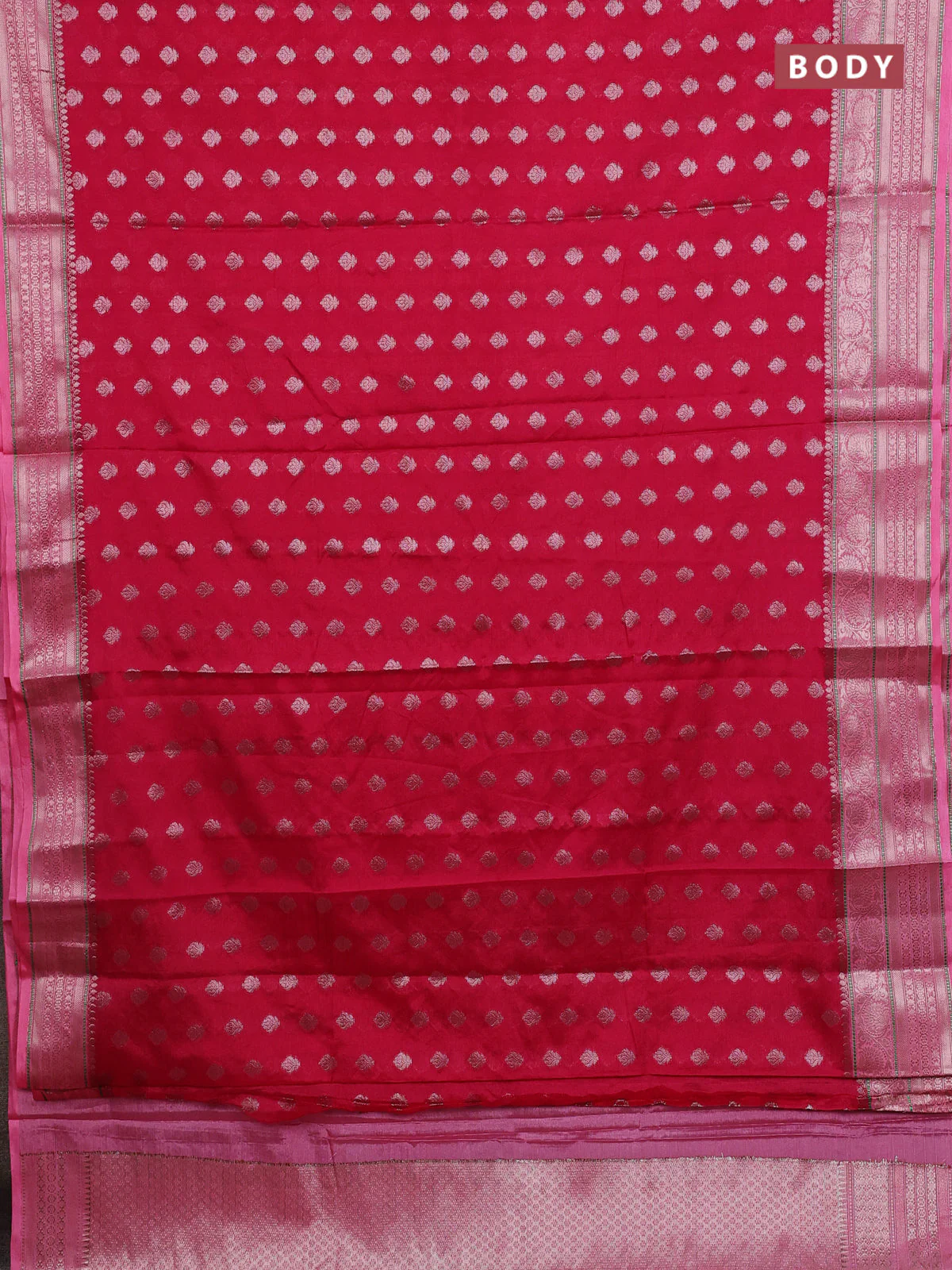 Banarasi warm silk saree magenta pink and peach pink with allover thread & zari woven buttas and zari woven border - Image 2