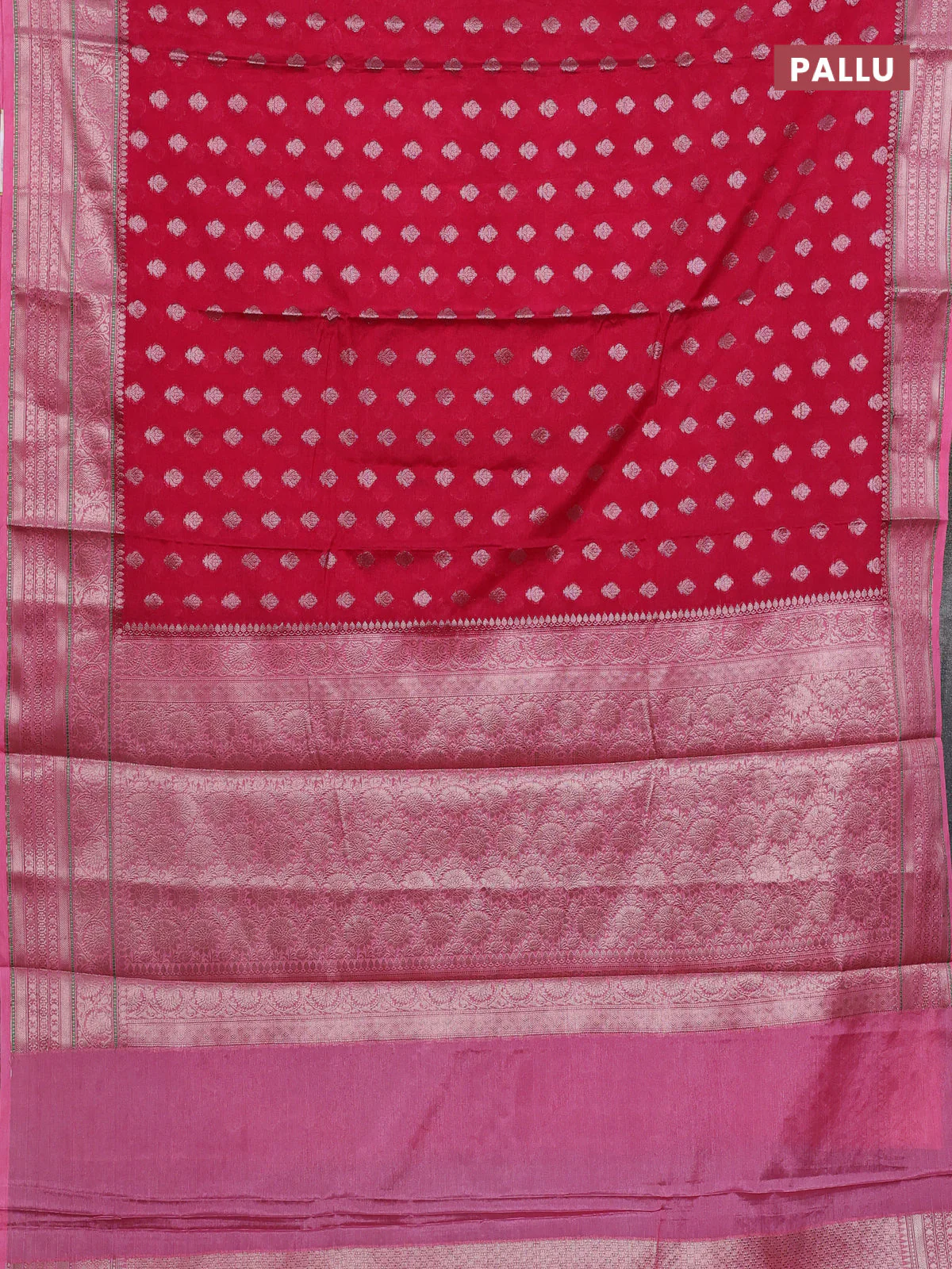 Banarasi warm silk saree magenta pink and peach pink with allover thread & zari woven buttas and zari woven border - Image 3