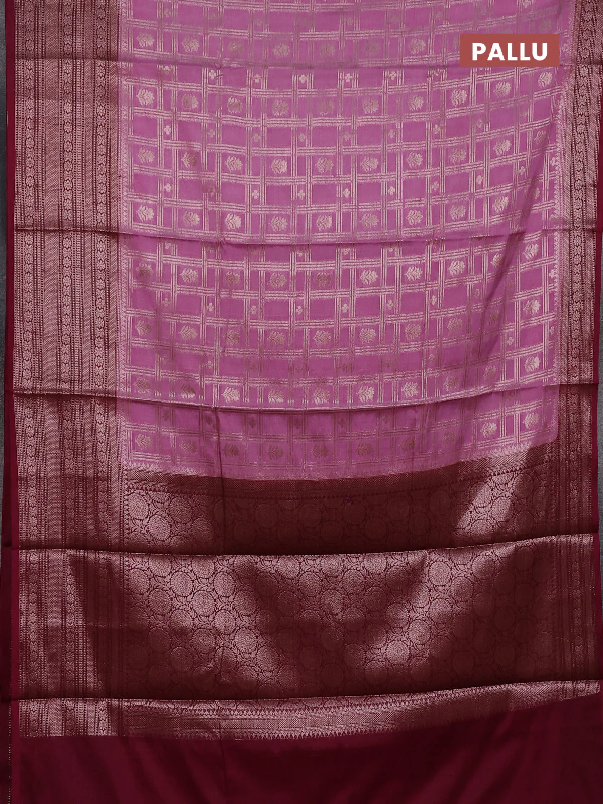 Banarasi warm silk saree mauve pink and wine shade with allover thread & zari checked pattern and long zari woven border - Image 3