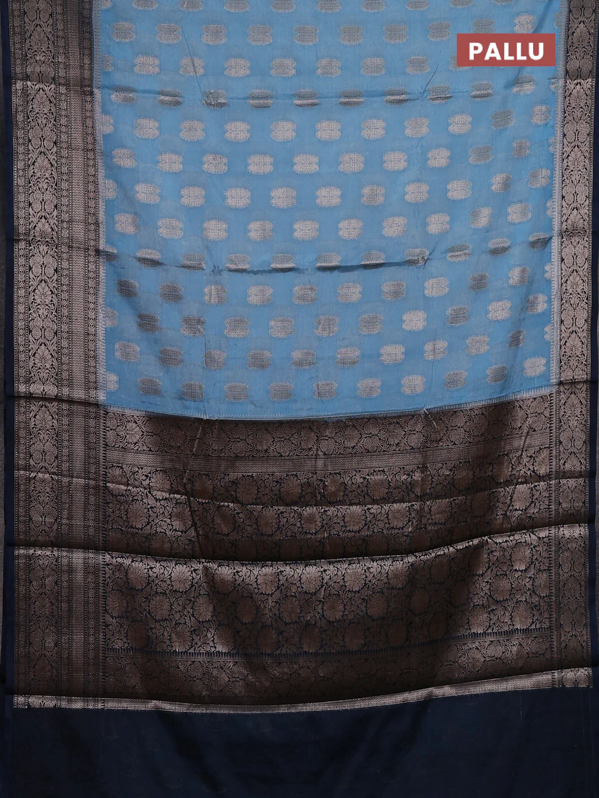 Banarasi warm silk saree pastel blue and peacock blue with allover thread & zari woven buttas and zari woven border - Image 3
