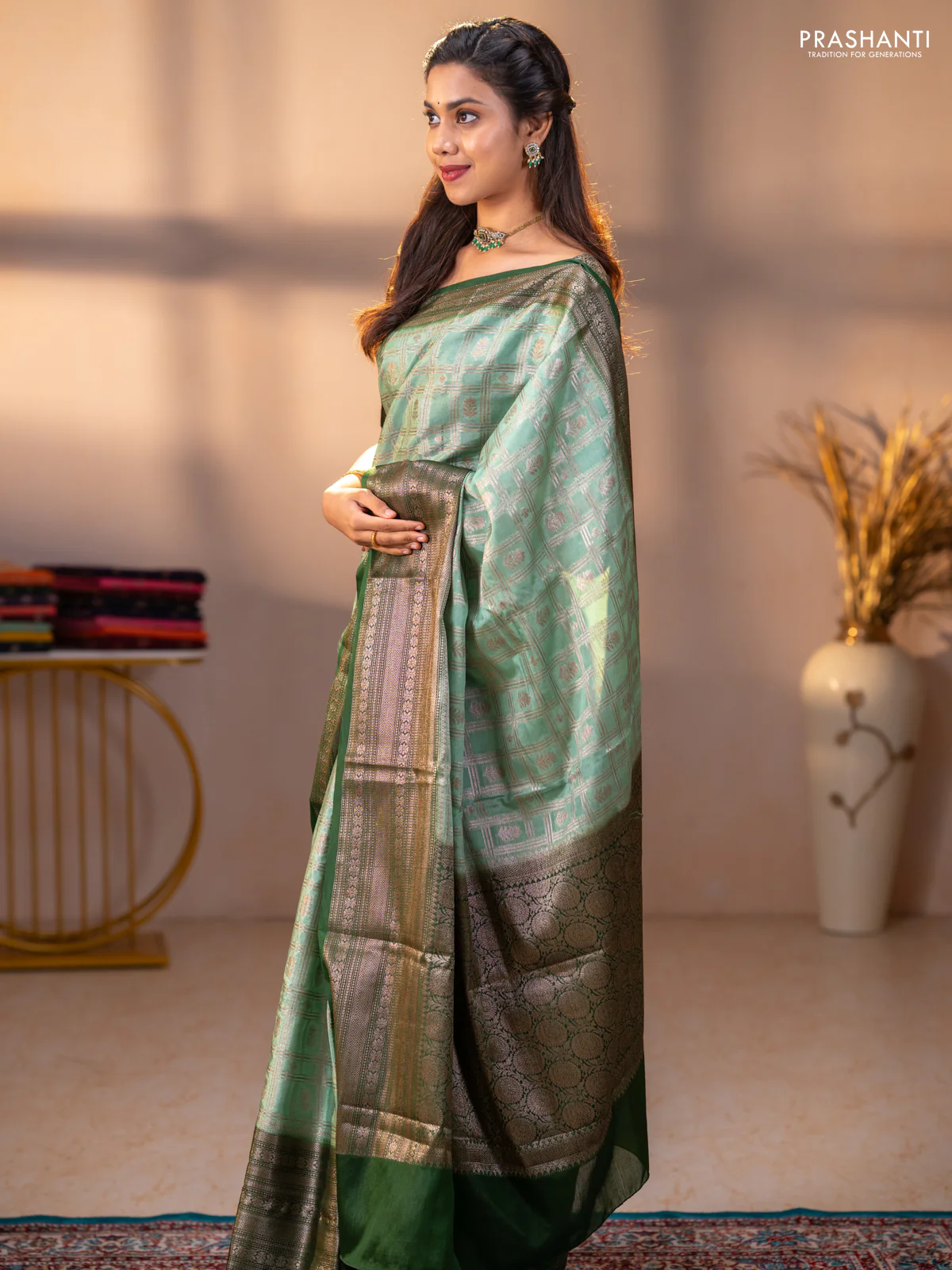Banarasi warm silk saree pastel green and green with allover thread & zari checked pattern and long zari woven border - Image 2