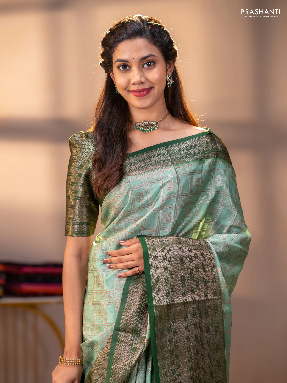 Banarasi warm silk saree pastel green and green with allover thread & zari checked pattern and long zari woven border - Image 3