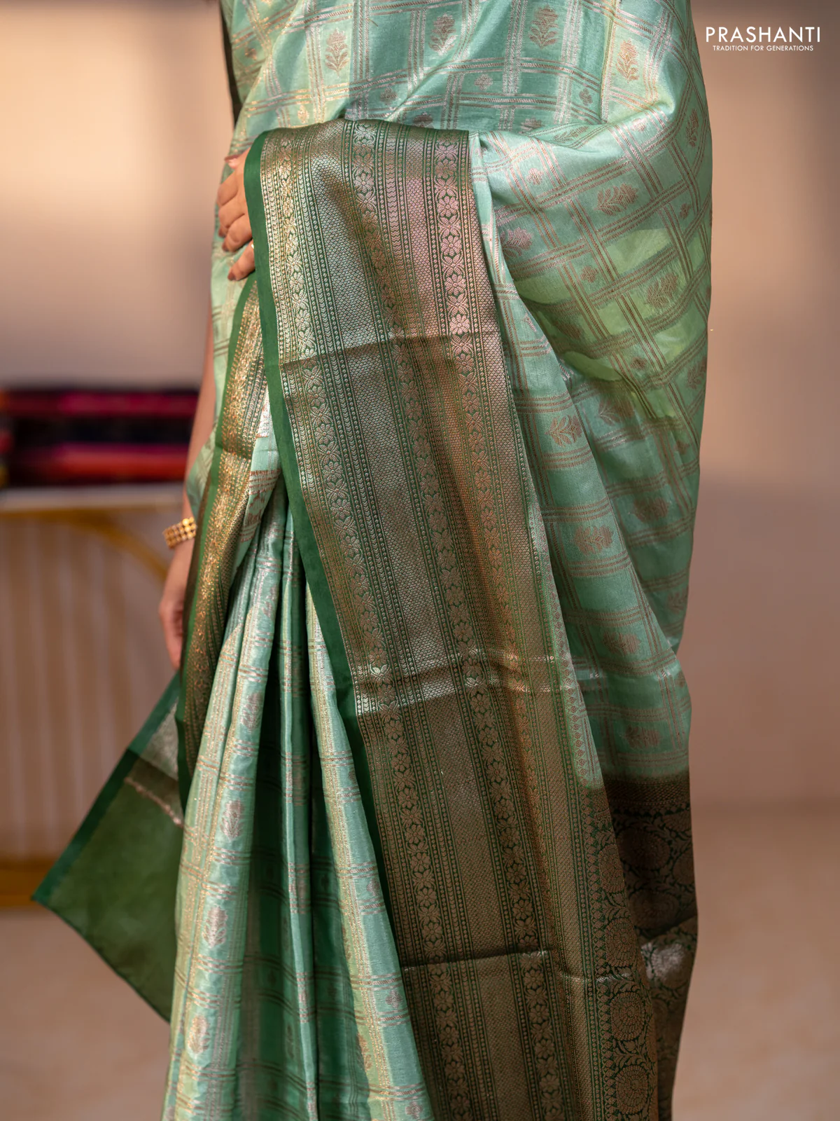 Banarasi warm silk saree pastel green and green with allover thread & zari checked pattern and long zari woven border - Image 4