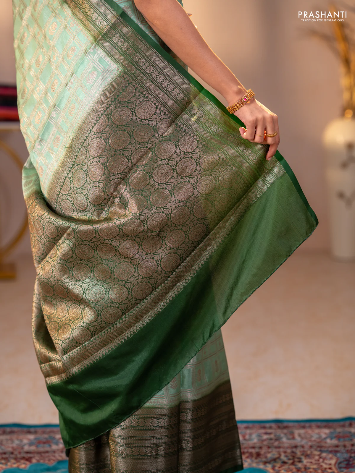 Banarasi warm silk saree pastel green and green with allover thread & zari checked pattern and long zari woven border - Image 5