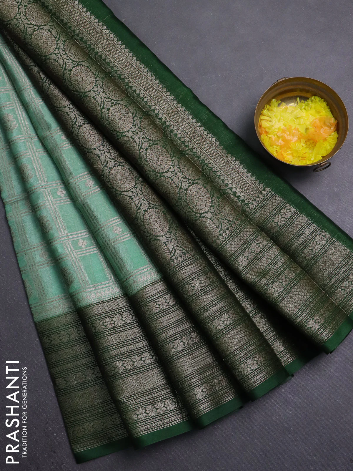 Banarasi warm silk saree pastel green and green with allover thread & zari checked pattern and long zari woven border - Image 6