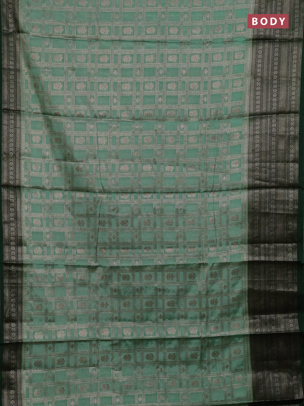 Banarasi warm silk saree pastel green and green with allover thread & zari checked pattern and long zari woven border - Image 7
