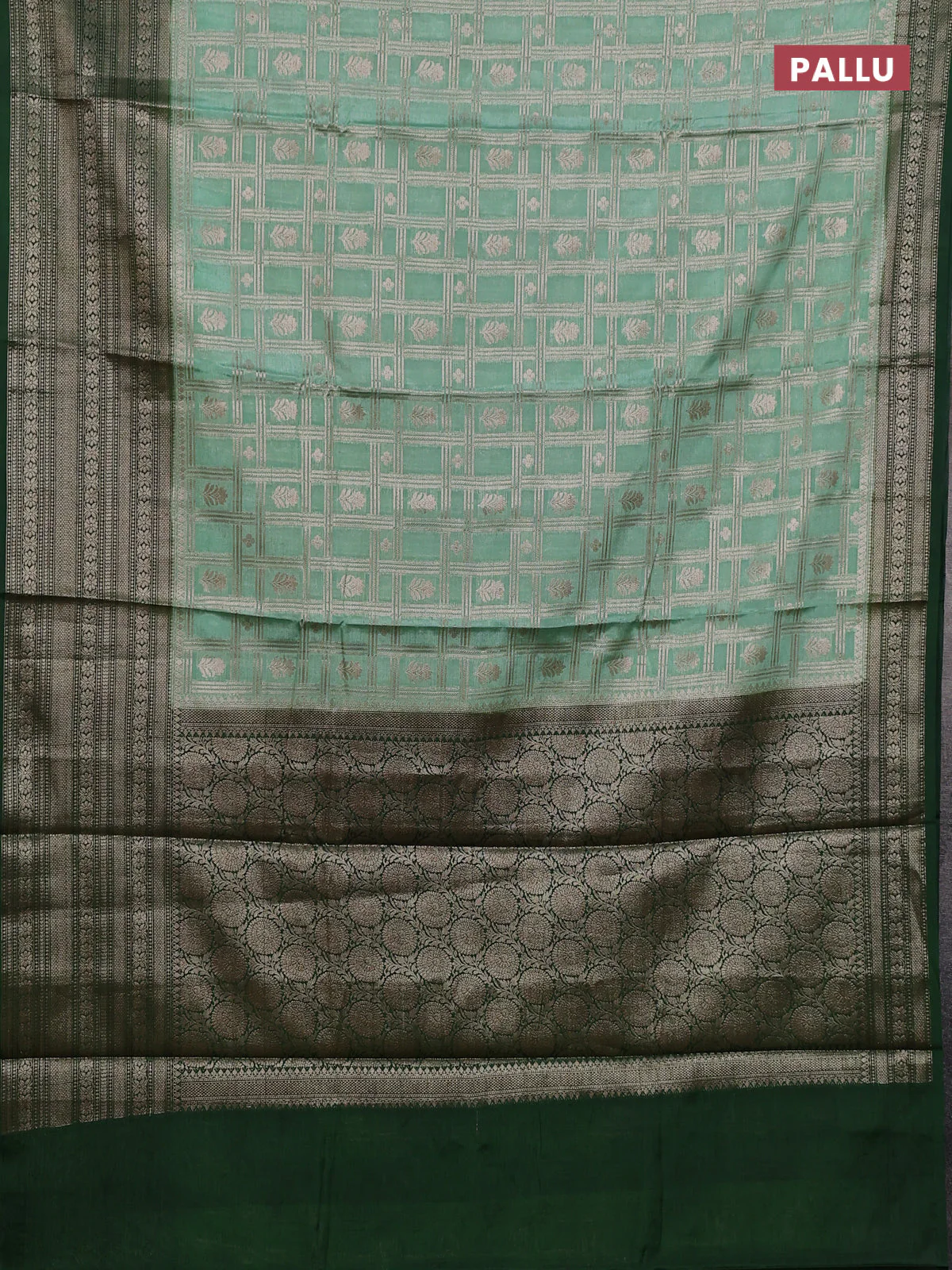 Banarasi warm silk saree pastel green and green with allover thread & zari checked pattern and long zari woven border - Image 8