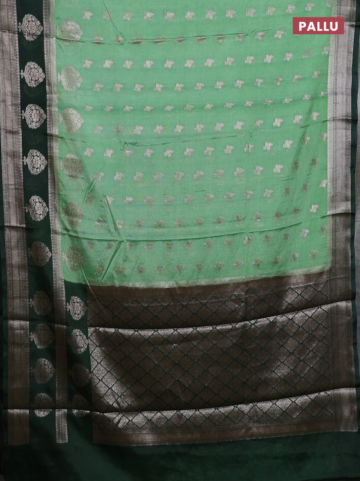 Banarasi warm silk saree pastel green and green with allover thread & zari woen buttas and zari woven border - Image 3