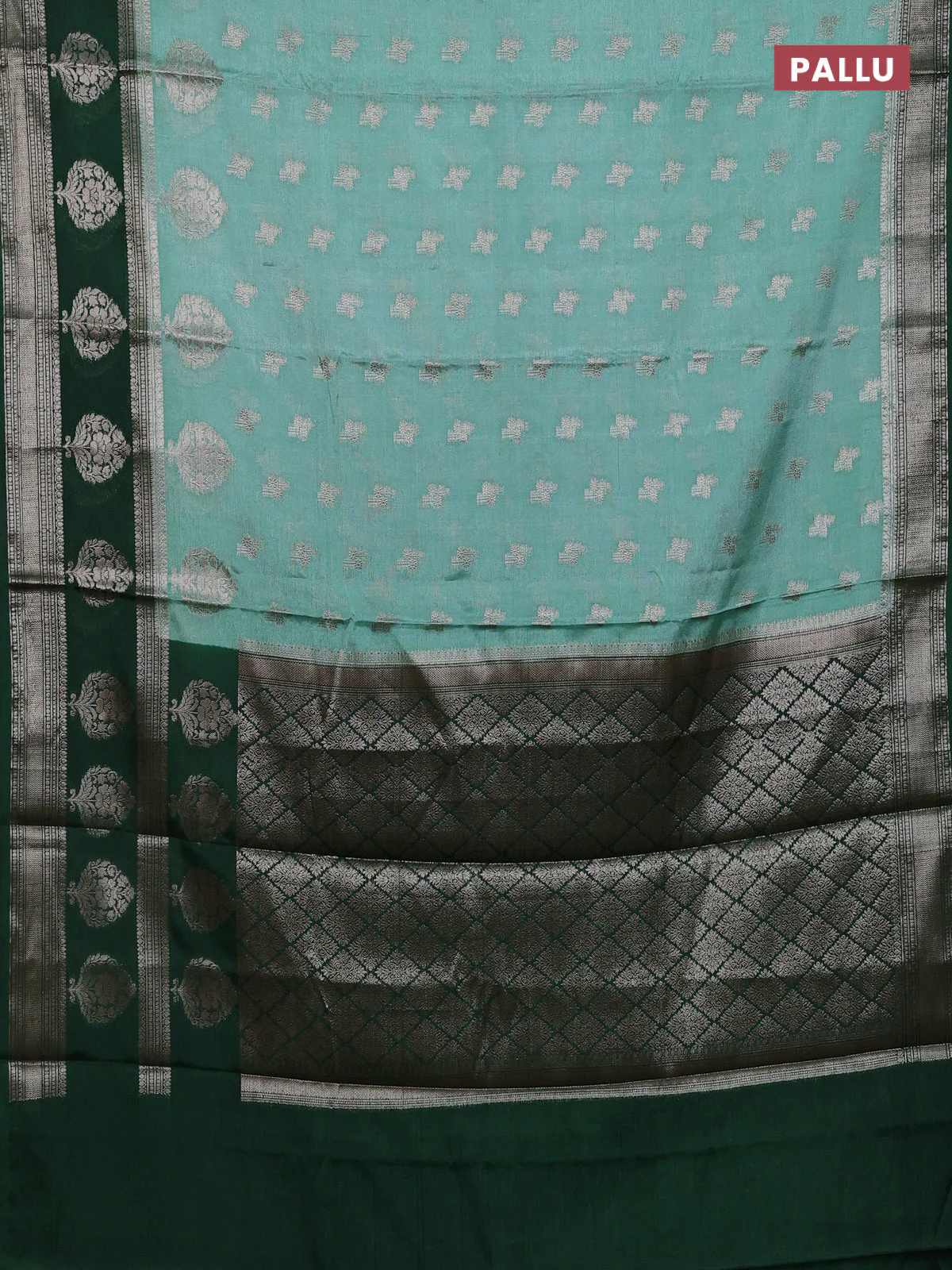 Banarasi warm silk saree pastel green and green with allover thread & zari woen buttas and zari woven border - Image 3