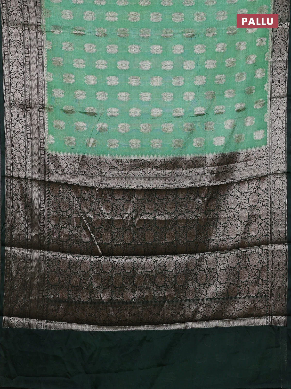 Banarasi warm silk saree pastel green and green with allover thread & zari woven buttas and zari woven border - Image 3