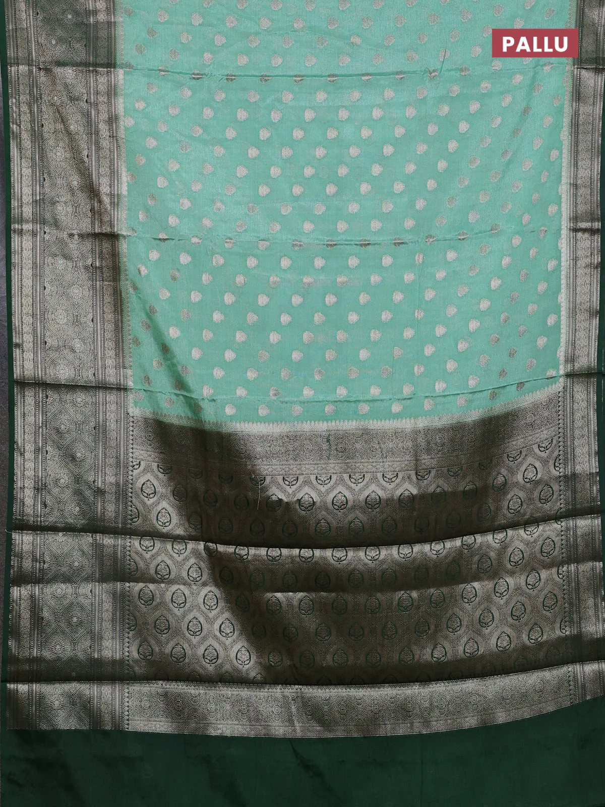 Banarasi warm silk saree pastel green and green with allover thread & zari woven buttas and zari woven border - Image 3