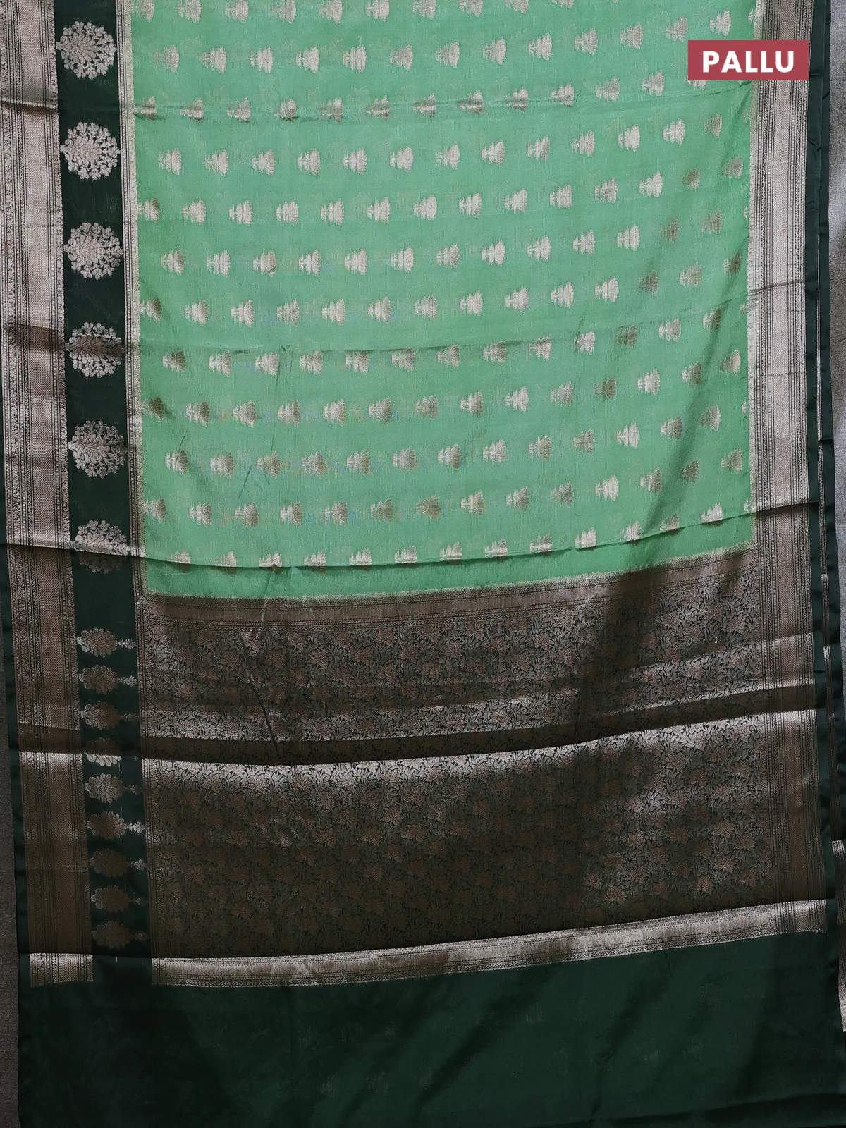 Banarasi warm silk saree pastel green and green with allover thread & zari woven buttas and zari woven border - Image 3