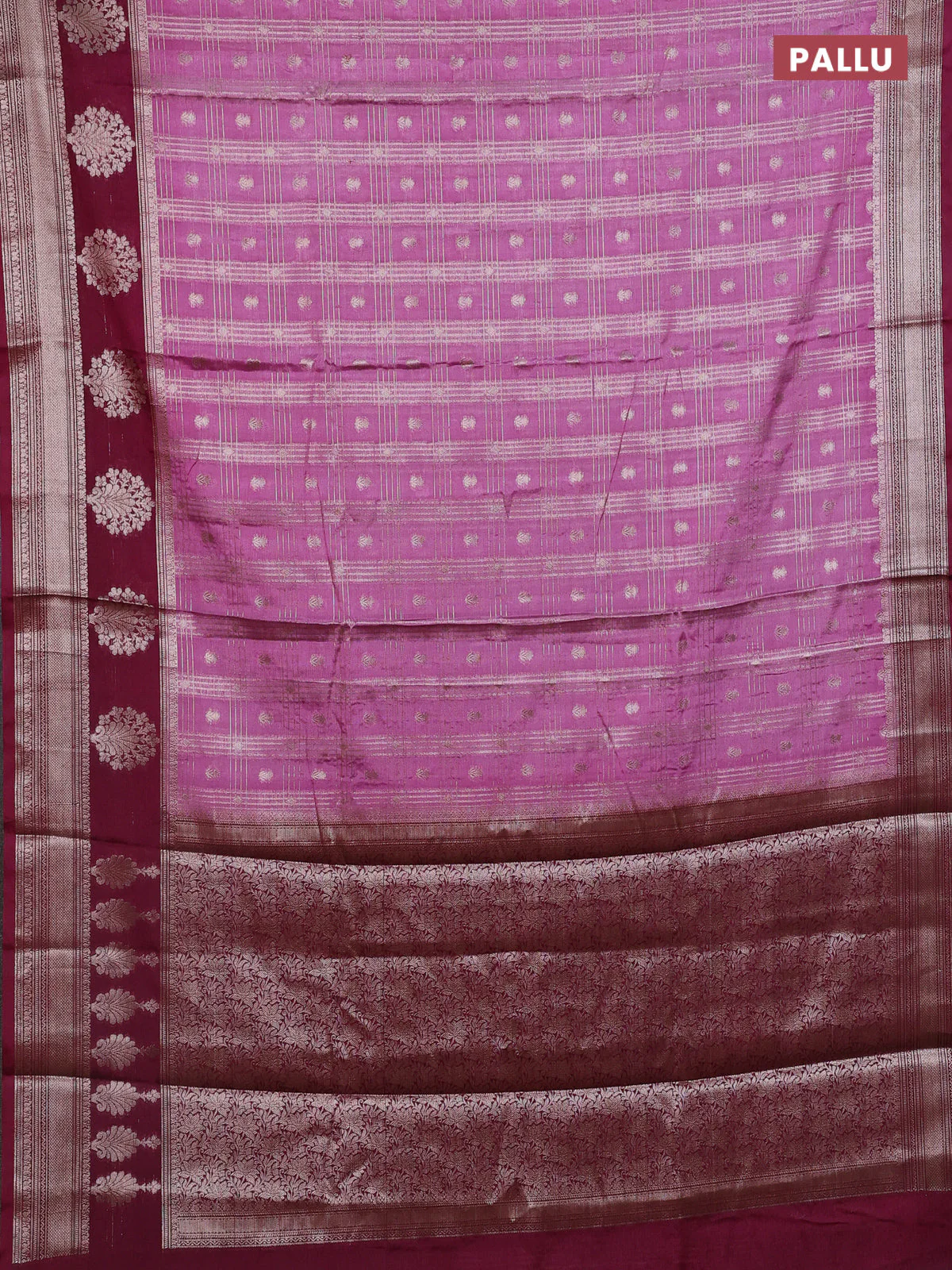 Banarasi warm silk saree pastel purple and wine shade with allover thread & zari checked pattern and zari woven border - Image 3