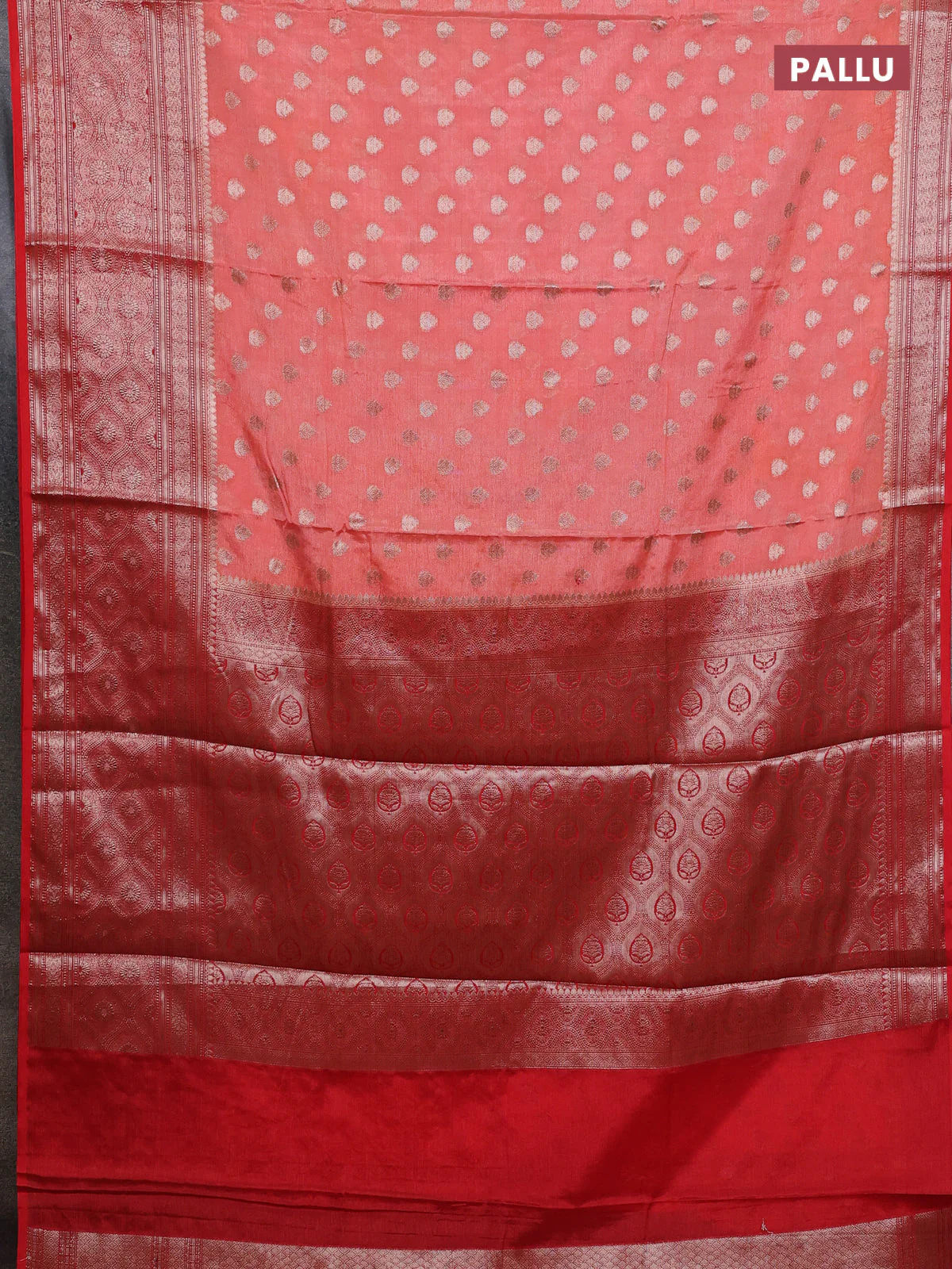Banarasi warm silk saree peach orange and orange with allover thread & zari woven buttas and zari woven border - Image 3