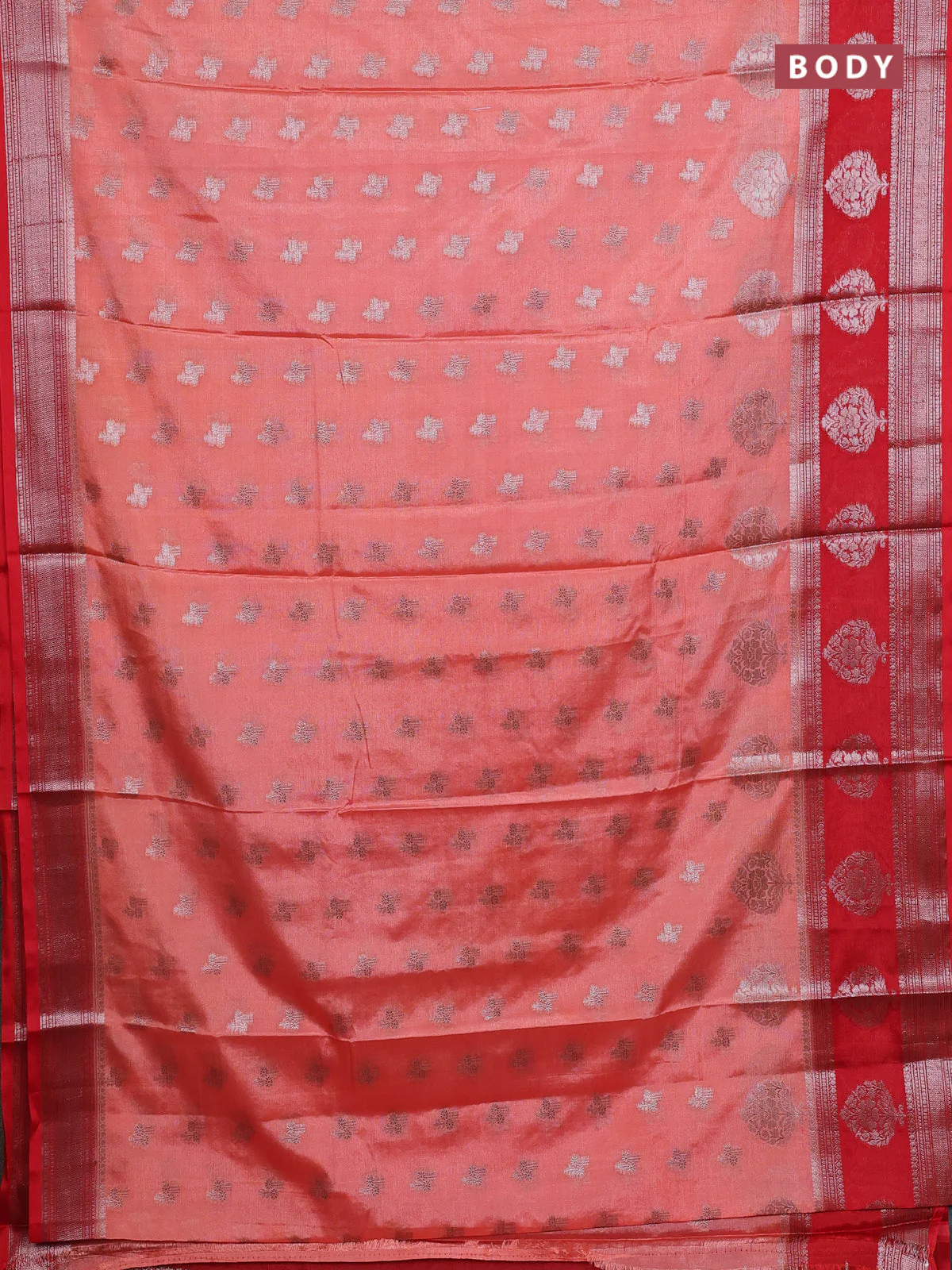 Banarasi warm silk saree peach orange and red with allover thread & zari woen buttas and zari woven border - Image 2