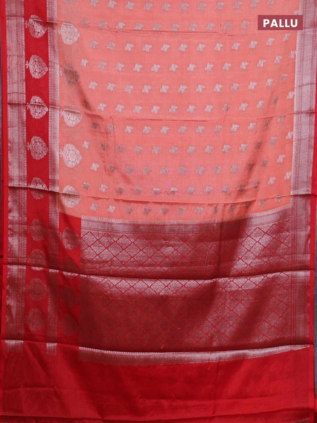 Banarasi warm silk saree peach orange and red with allover thread & zari woen buttas and zari woven border - Image 3