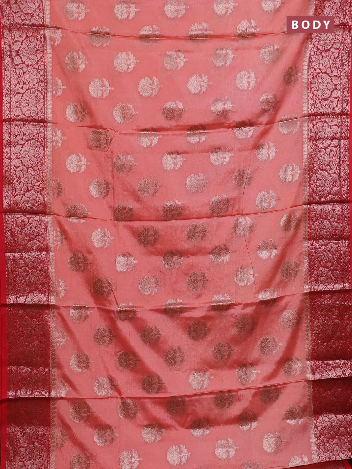 Banarasi warm silk saree peach orange and red with allover thread & zari woven buttas and zari woven border - Image 2