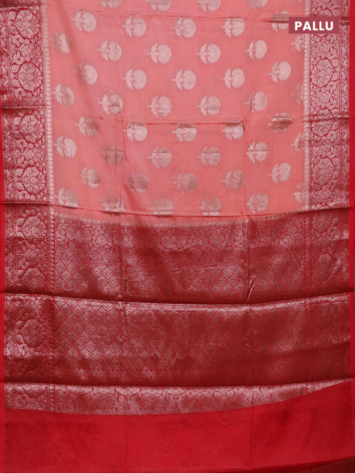 Banarasi warm silk saree peach orange and red with allover thread & zari woven buttas and zari woven border - Image 3