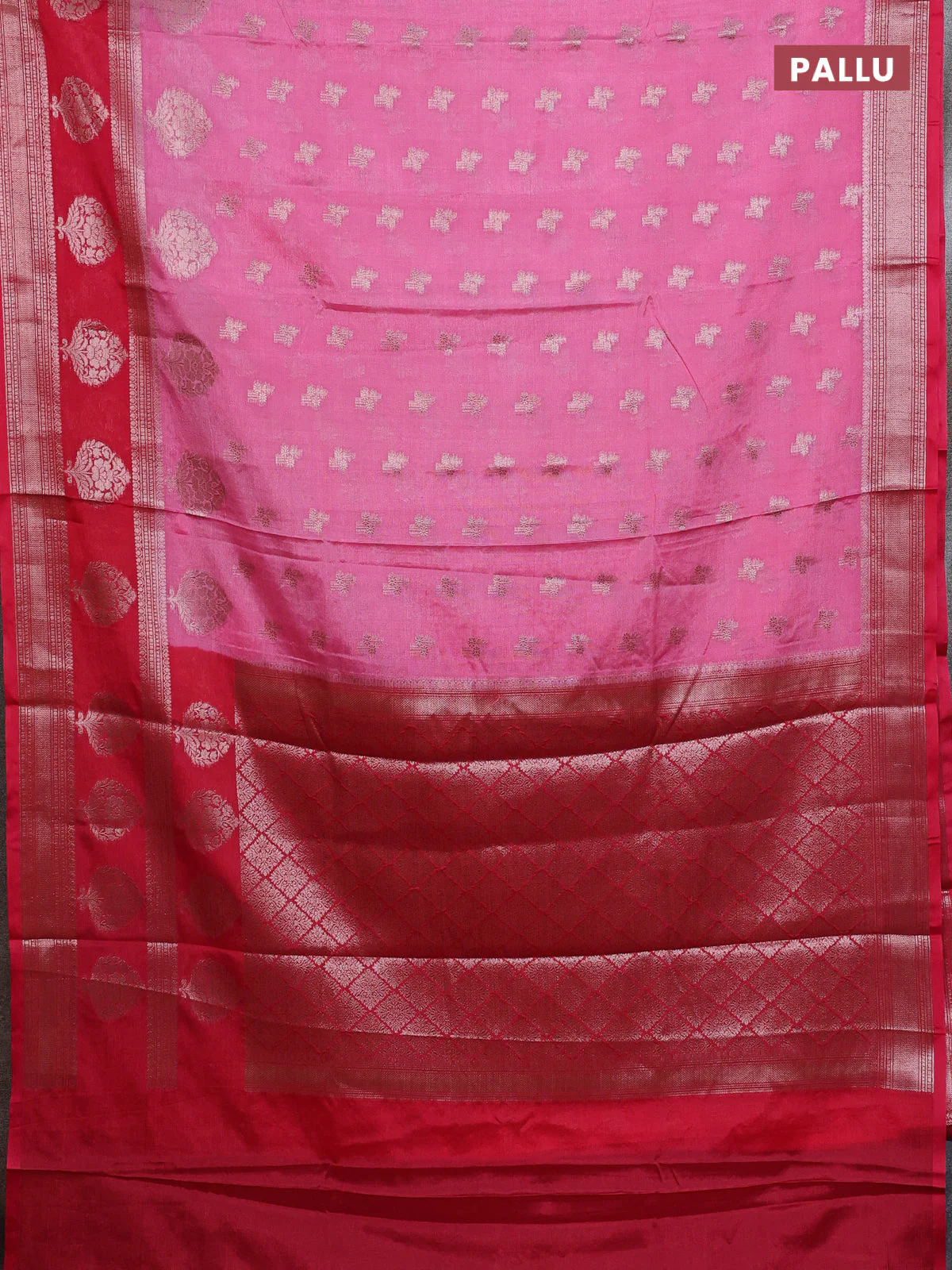Banarasi warm silk saree peach pink and pink with allover thread & zari woen buttas and zari woven border - Image 3
