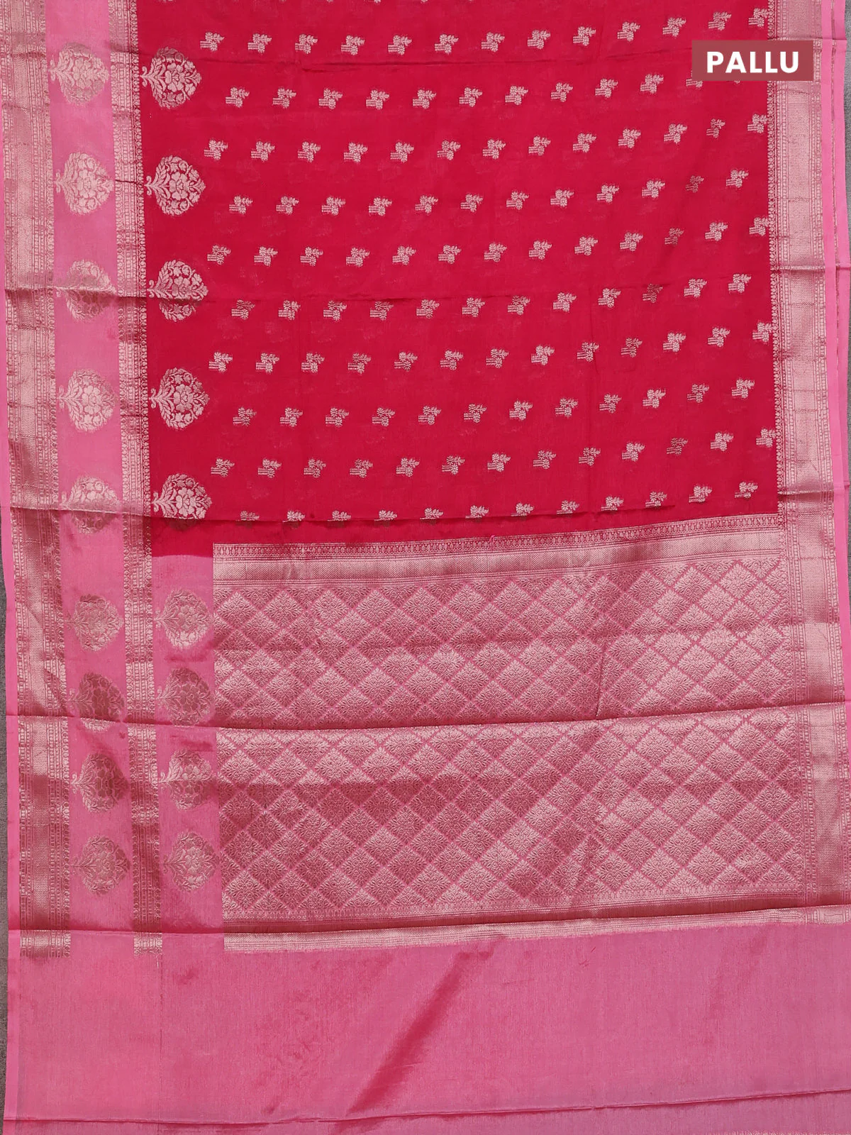 Banarasi warm silk saree pink and peach pink with allover thread & zari woen buttas and zari woven border - Image 3