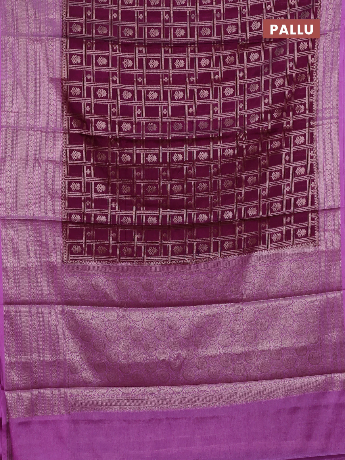 Banarasi warm silk saree purple and lavender with allover thread & zari checked pattern and long zari woven border - Image 3