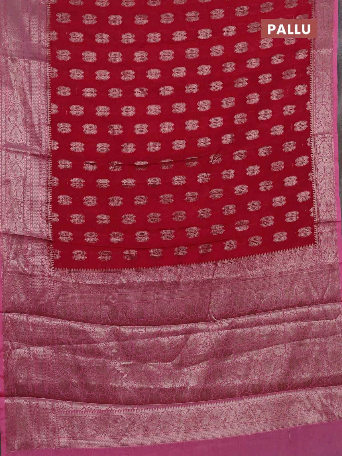 Banarasi warm silk saree red and light pink with allover thread & zari woven buttas and zari woven border - Image 3