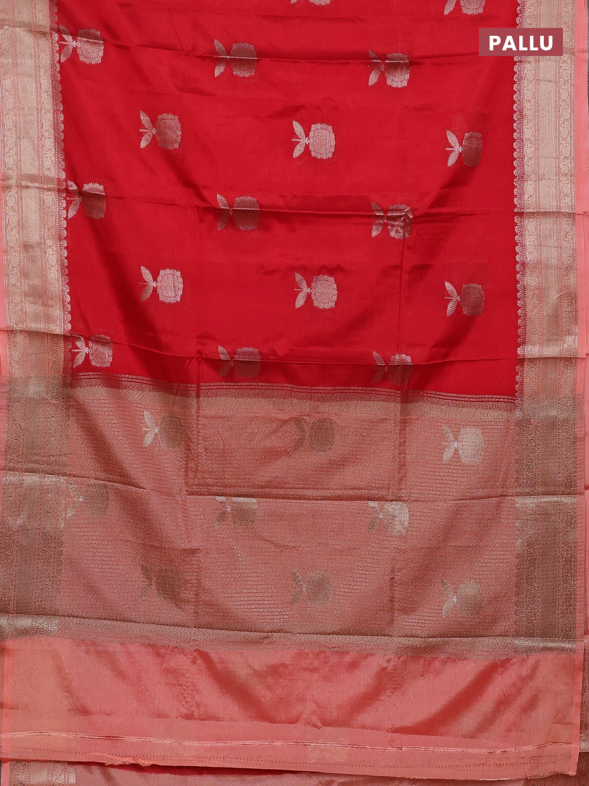 Banarasi warm silk saree red and peach orange with thread & zari woven buttas and zari woven border - Image 3