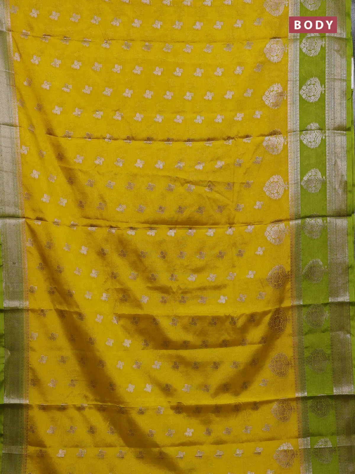 Banarasi warm silk saree yellow and light green with allover thread & zari woen buttas and zari woven border - Image 2