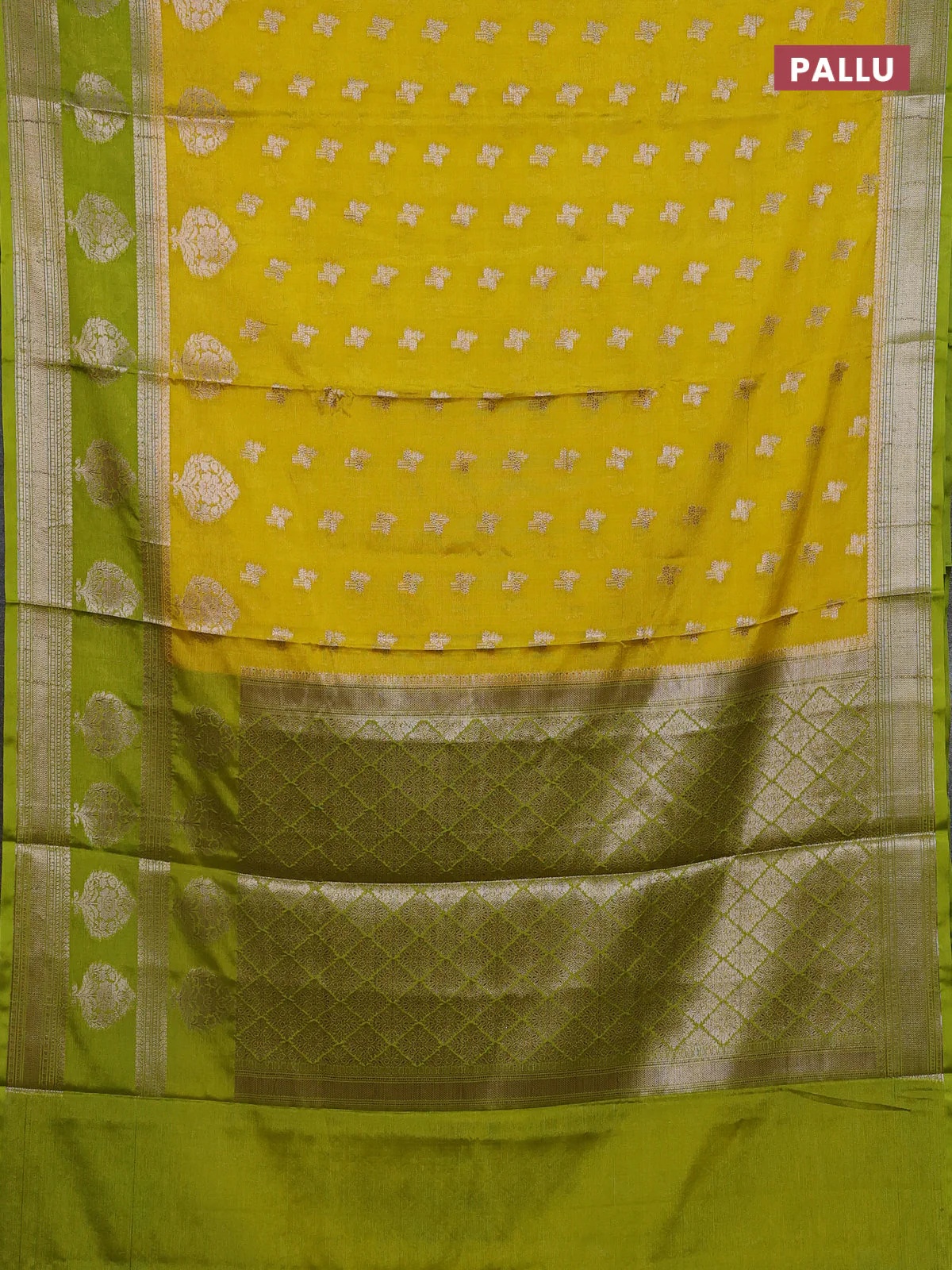 Banarasi warm silk saree yellow and light green with allover thread & zari woen buttas and zari woven border - Image 3