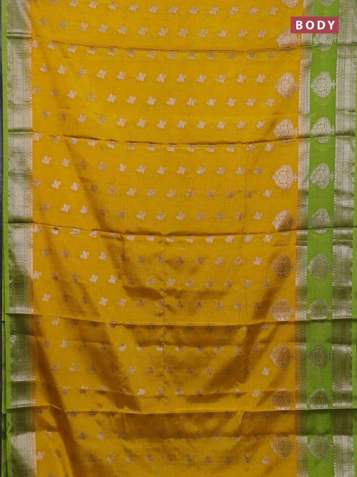 Banarasi warm silk saree yellow and lime green with allover thread & zari woen buttas and zari woven border - Image 2