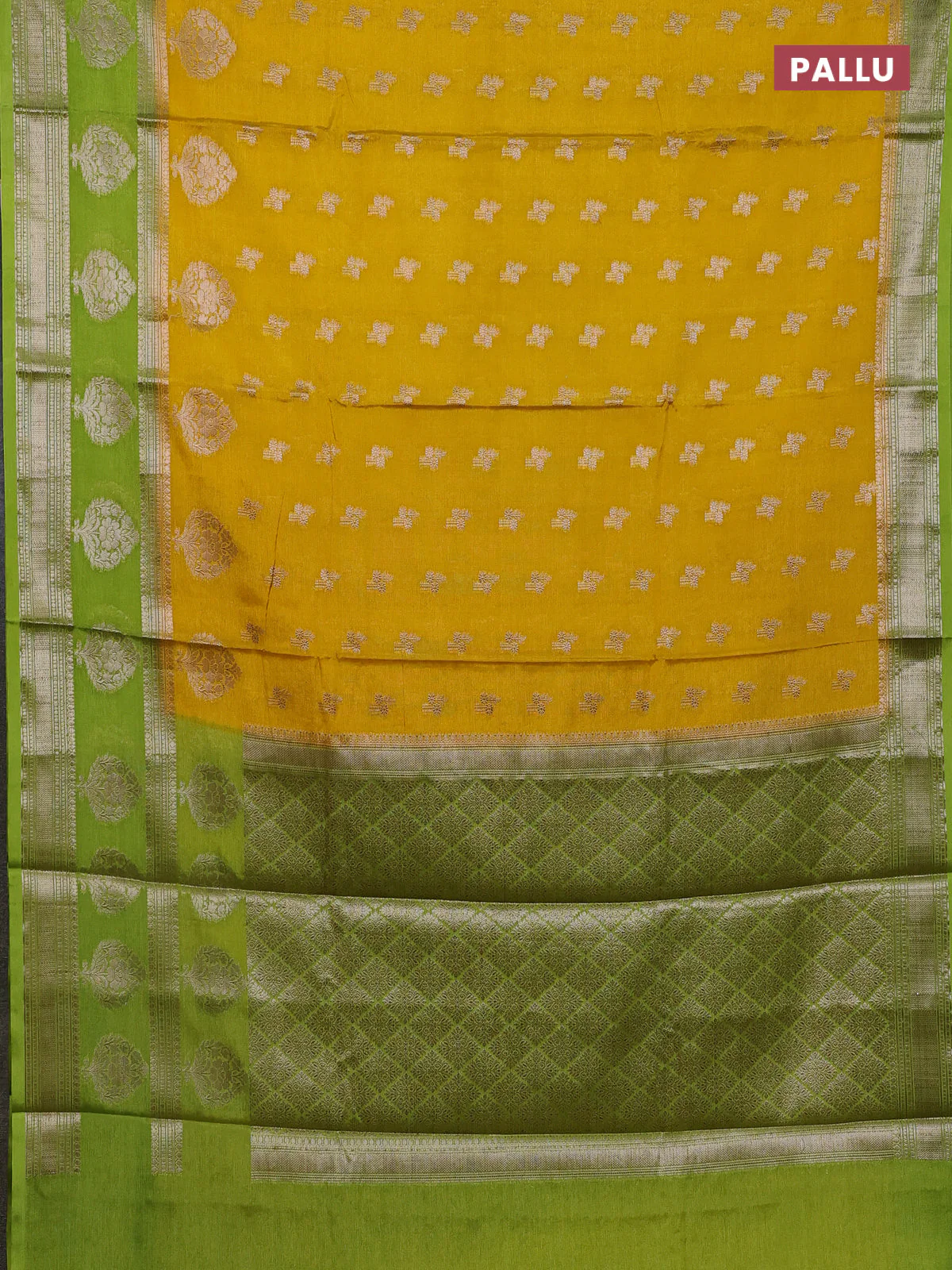 Banarasi warm silk saree yellow and lime green with allover thread & zari woen buttas and zari woven border - Image 3