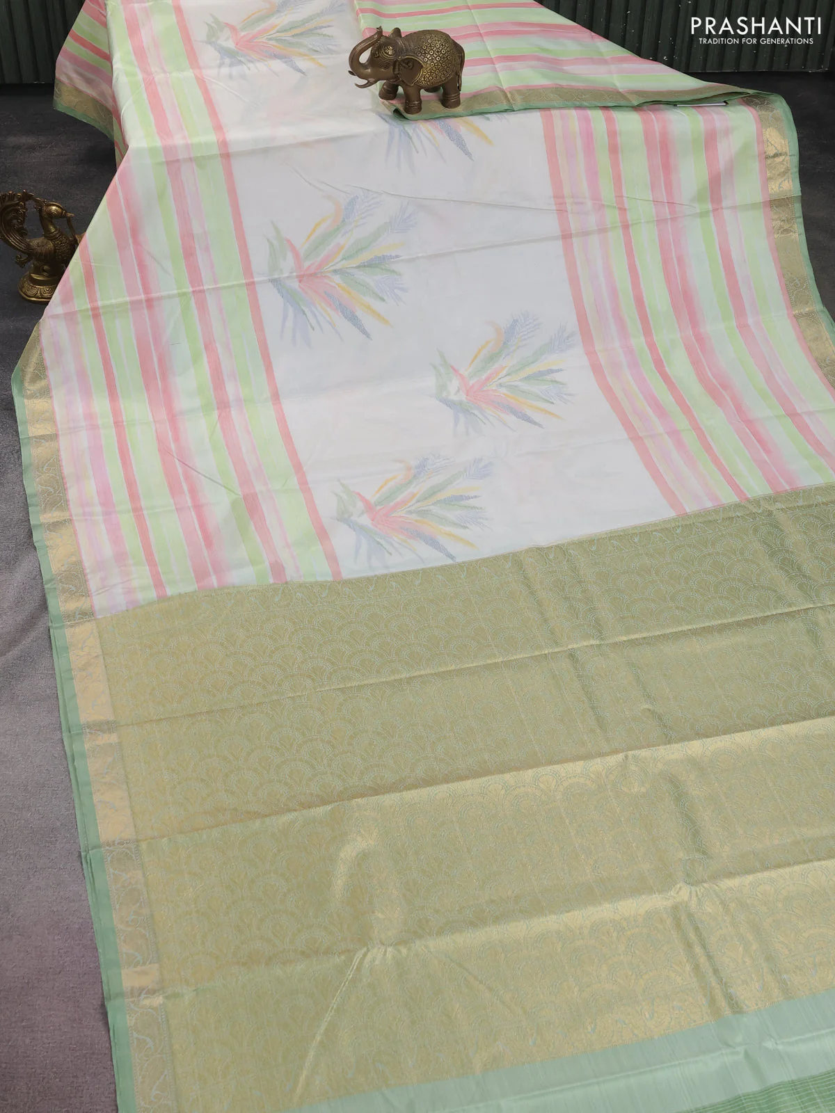 Bangalori semi silk saree cream and pastel green with allover ikat weaves and zari woven border - Image 2