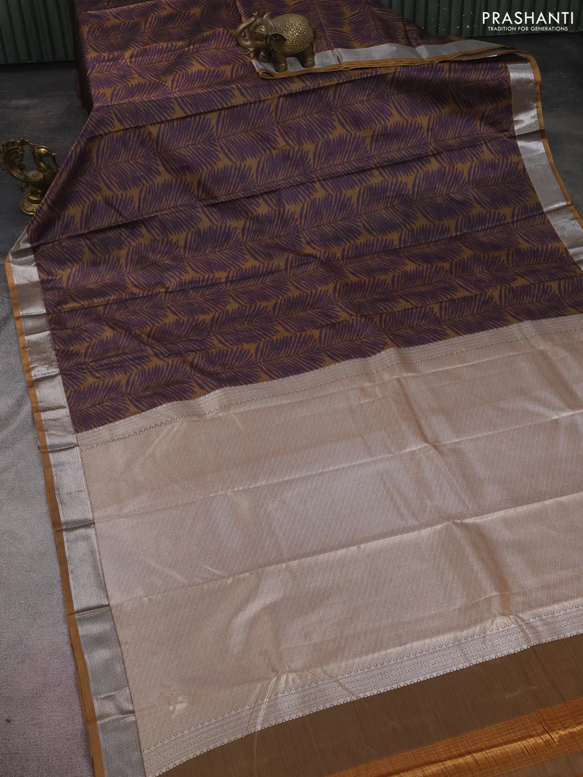Bangalori semi silk saree dark mustard and violet with allover ikat weaves and zari woven border - Image 2