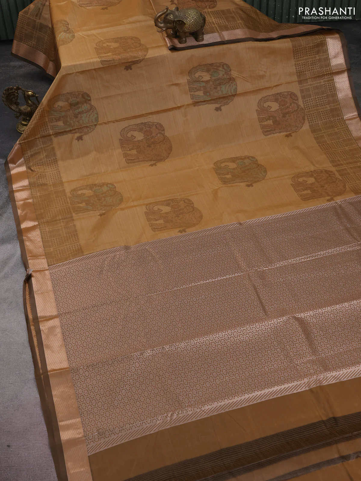 Bangalori semi silk saree dark sandal and brown with allover elephant ikat butta weaves and zari woven border - Image 2
