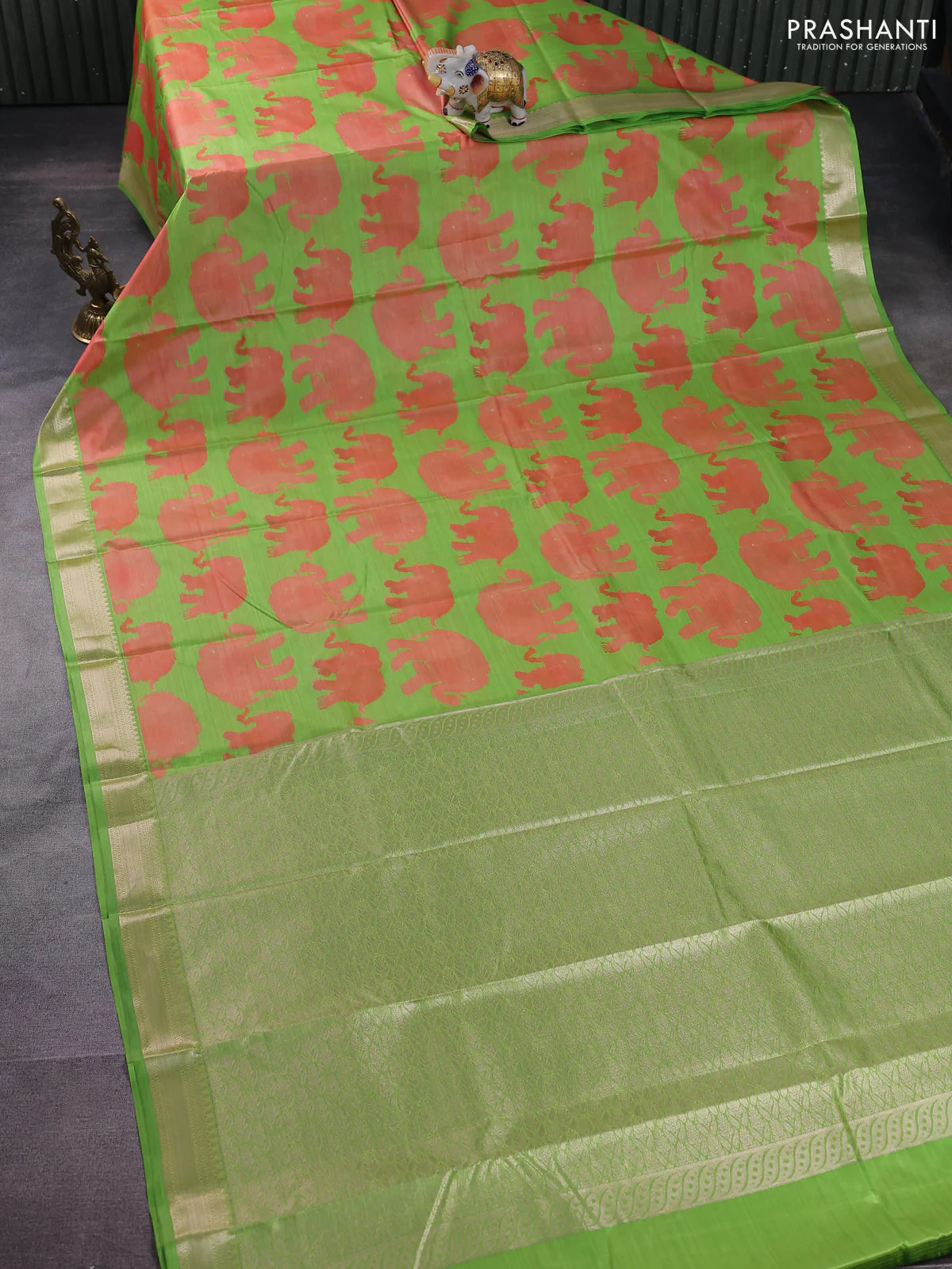 Bangalori semi silk saree fluorescent green with allover elephant butta ikat weaves and zari woven border - Image 2