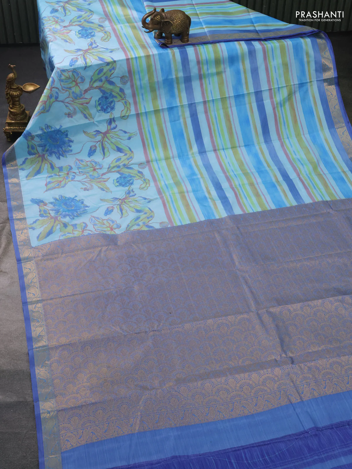 Bangalori semi silk saree light blue and blue with allover ikat weaves and zari woven border - Image 2