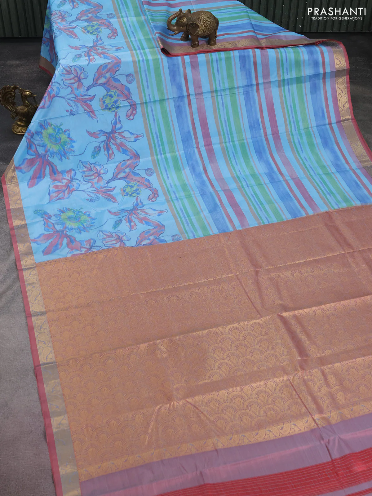 Bangalori semi silk saree light blue and red shade with allover ikat weaves and zari woven border - Image 2