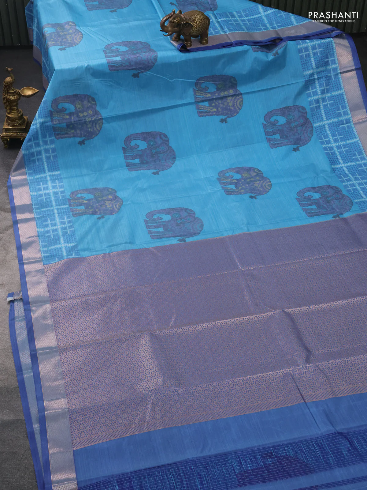 Bangalori semi silk saree light blue with allover elephant ikat butta weaves and zari woven border - Image 2